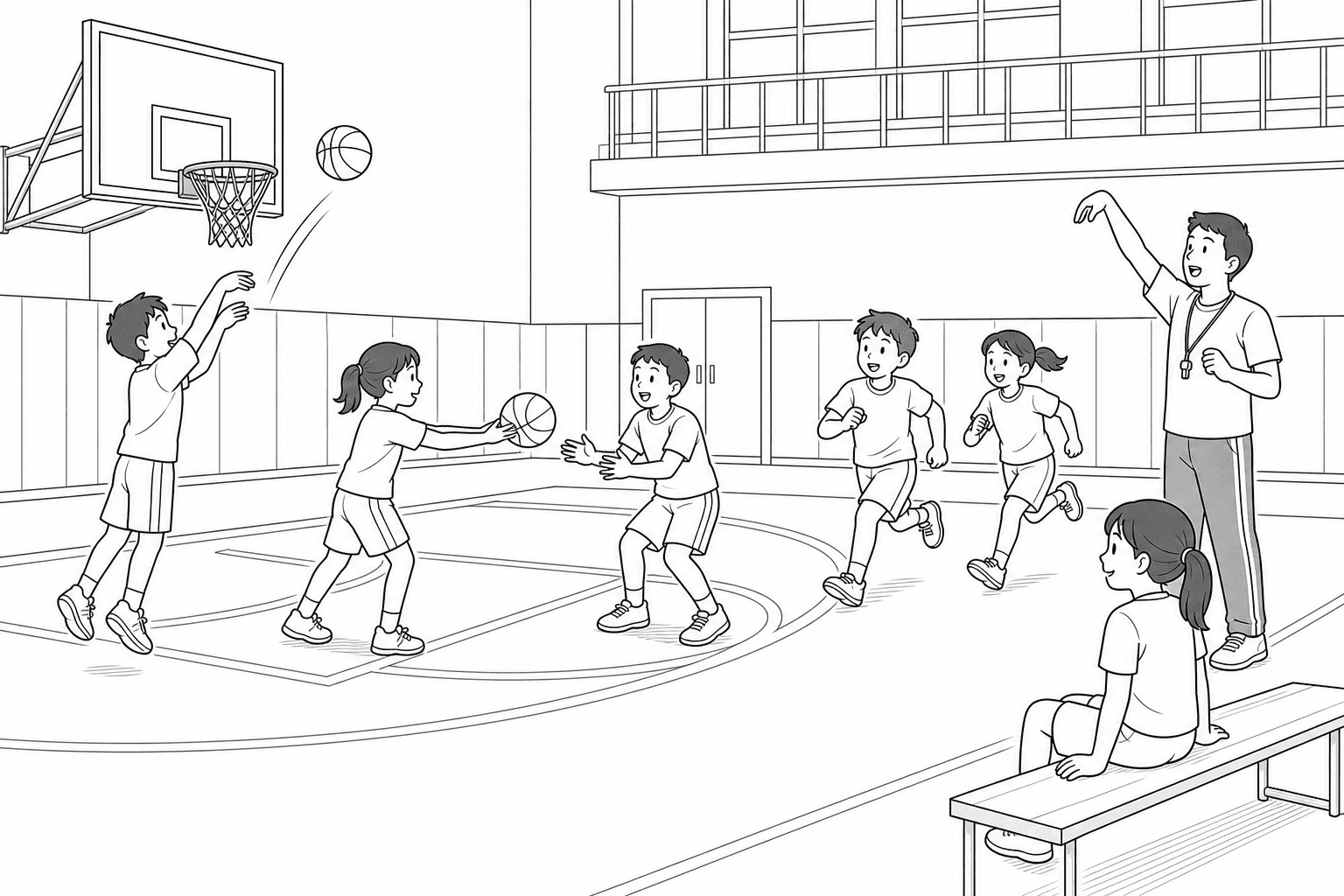 体育館でバスケットボールをしている人たちのイラスト
